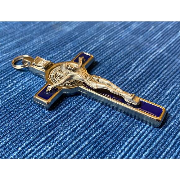 Large 3" St Benedict Crucifix Pendant Blue Enamel Cross Charm Necklace Italy 15B - Picture 2 of 3